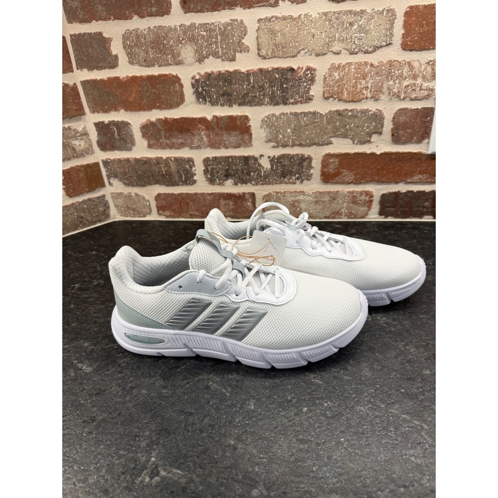 Adidas Cloudfoam Flex Laces Womens 9 Wide White Silver Running Shoes JS4891